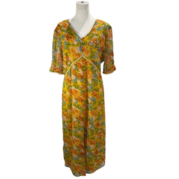 NWT Topshop Yellow Floral Maxi Dress – V-Neck Lace-Up Back, Beaded Detail - Picture 2 of 8